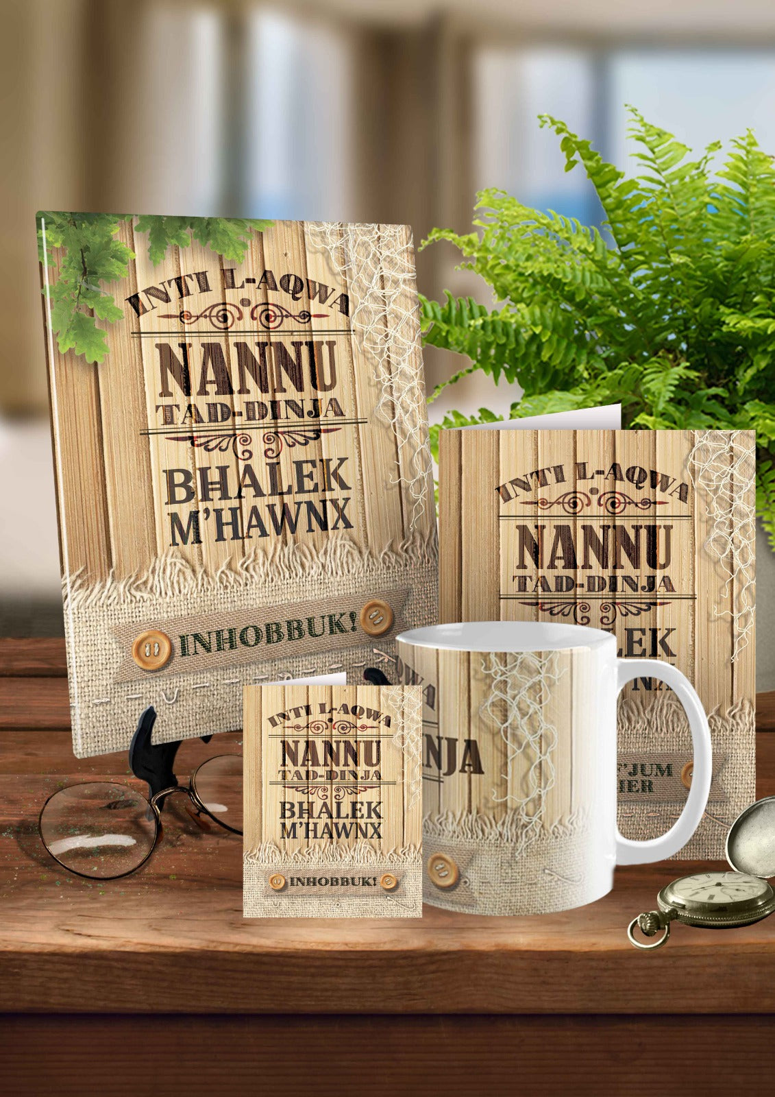 Sett Komplut għal Jum il-Missier (Għan-Nannu fuq sfond tal-injam)