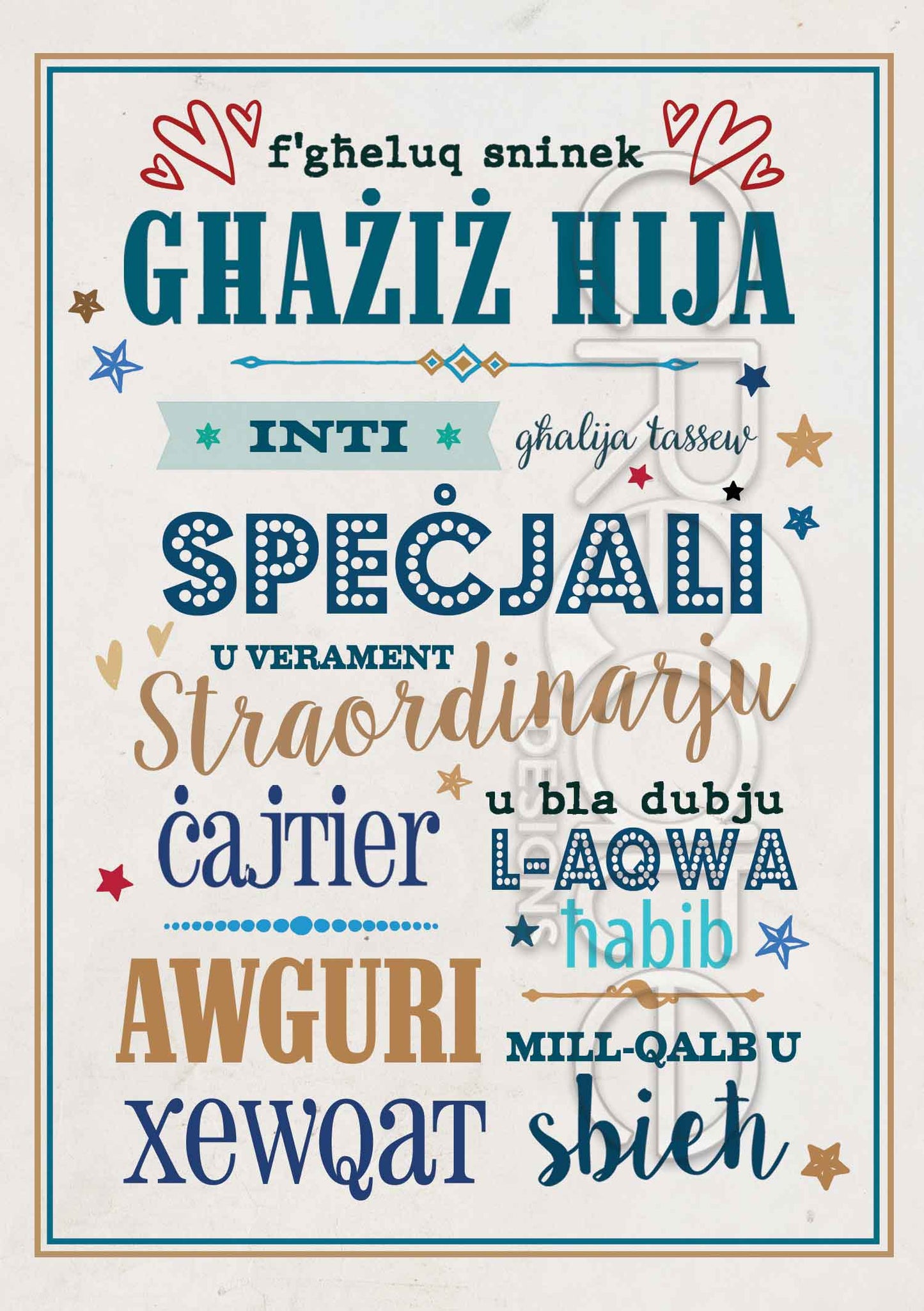 Kartolina għall-Ħuk f'għeluq sninu bil-faċċata bil-kliem