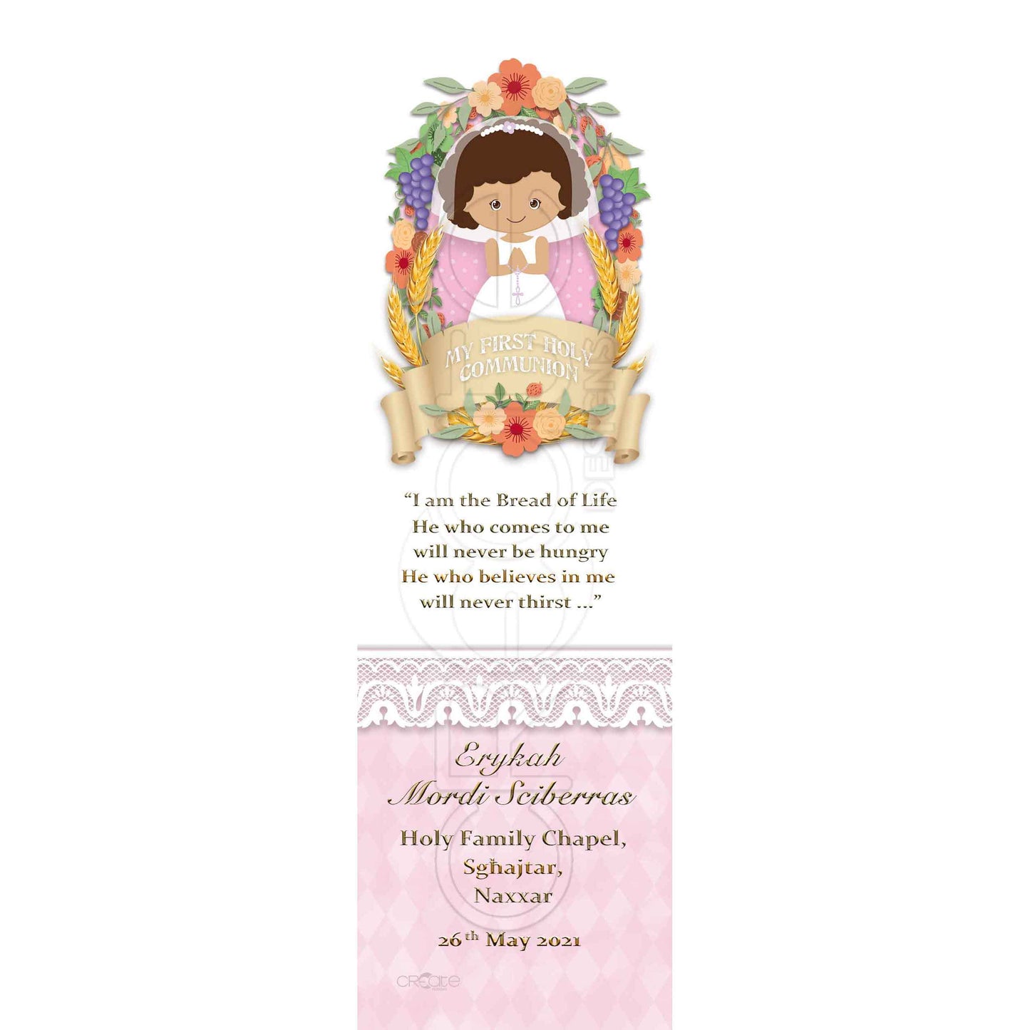 Holy Communion Bookmark with a drawing of a child with grapes and grains