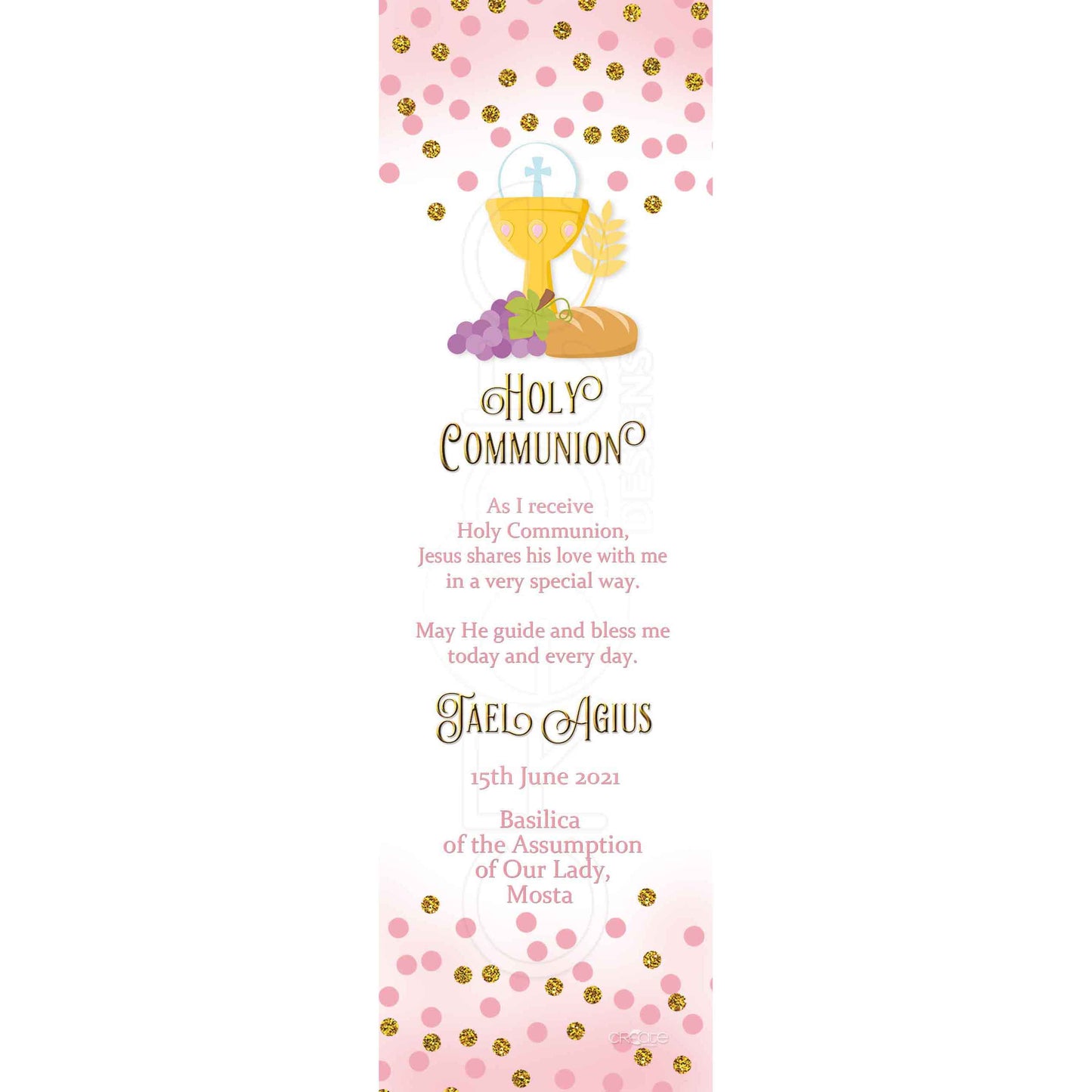 Holy Communion Bookmark with the symbols of the Eucharist with golden spots