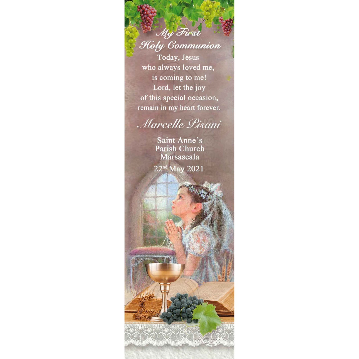 Holy Communion Bookmark with a drawing of a child with a chalice