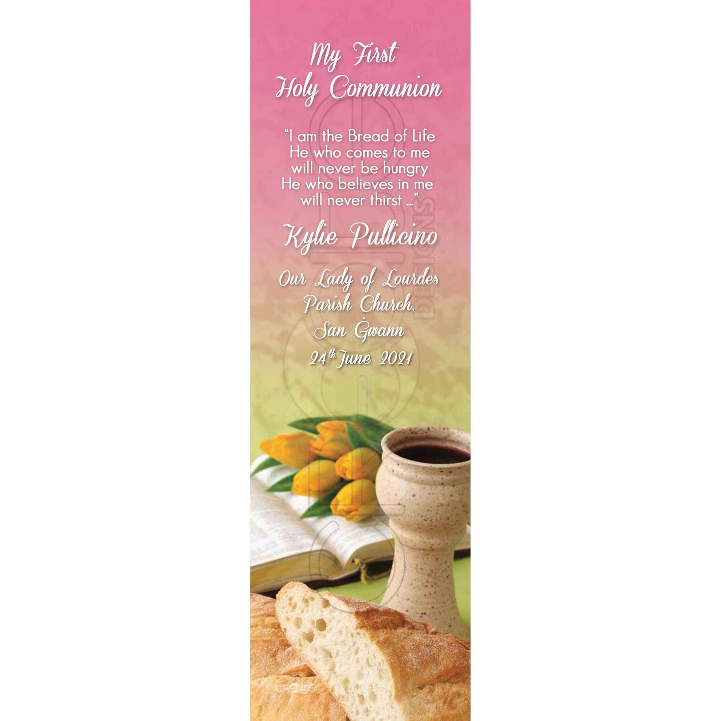 Holy Communion Bookmark with a picture of pottery and tulips