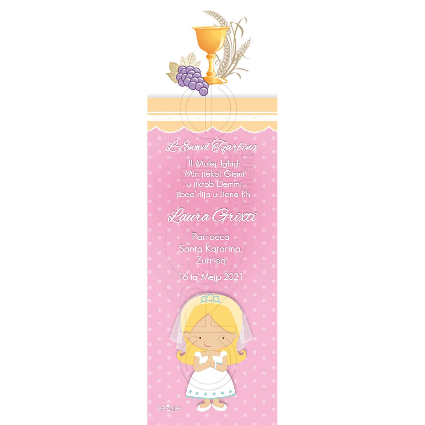 Bookmark tal-Preċett bi tpinġija ta' tifel jew tifla tal-Preċett u s-simboli tal-Ewkaristija