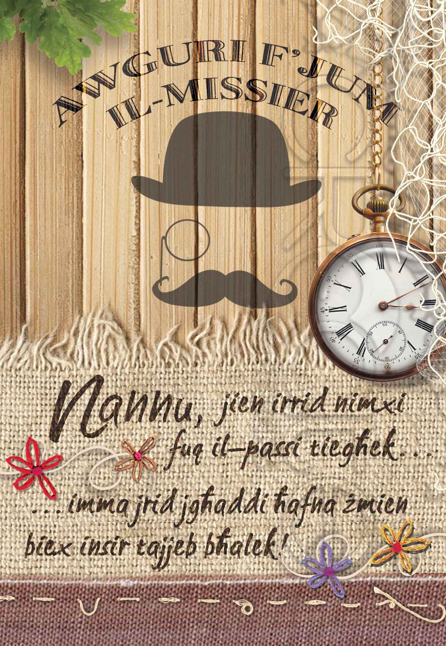 Father's Day Card (for Grandpa with Wooden Background with Clock)