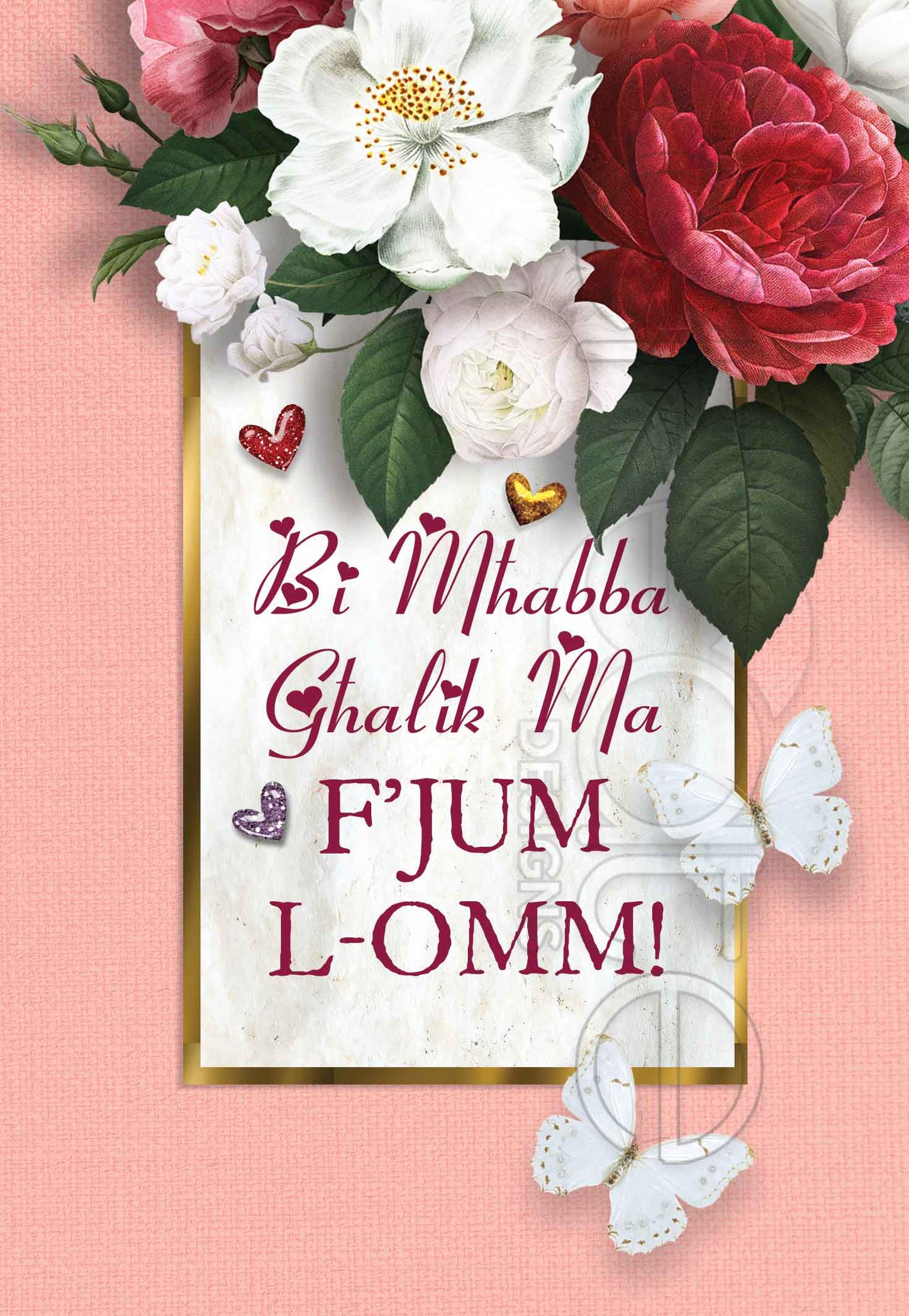 Kartolina ta' Jum l-Omm bi sfond roża u fjuri bojod u ħomor