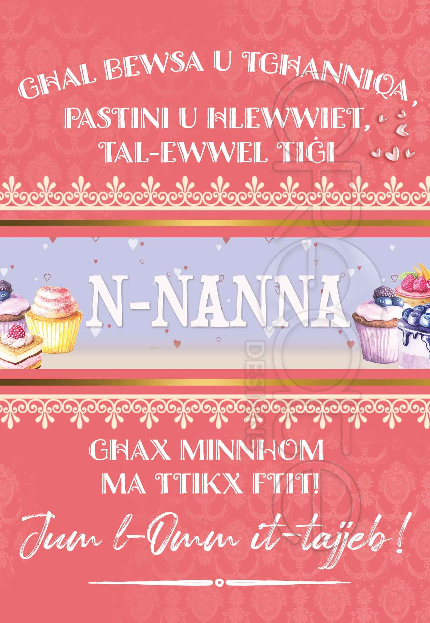 Kartolina ta' Jum l-Omm għal Nanna bil-Pastini u l-qlub