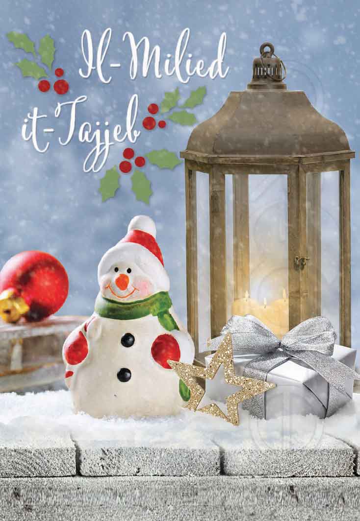 Kartolina tal-Milied bl-Snowman (sfond blu)