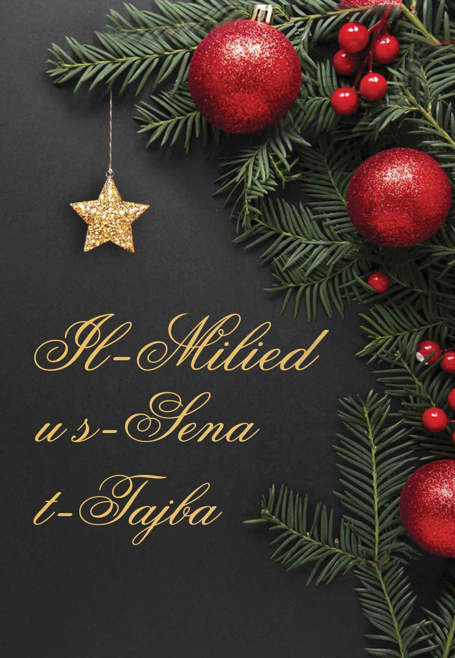 Kartolina tal-Milied fuq sfond skur u boċċi ħomor