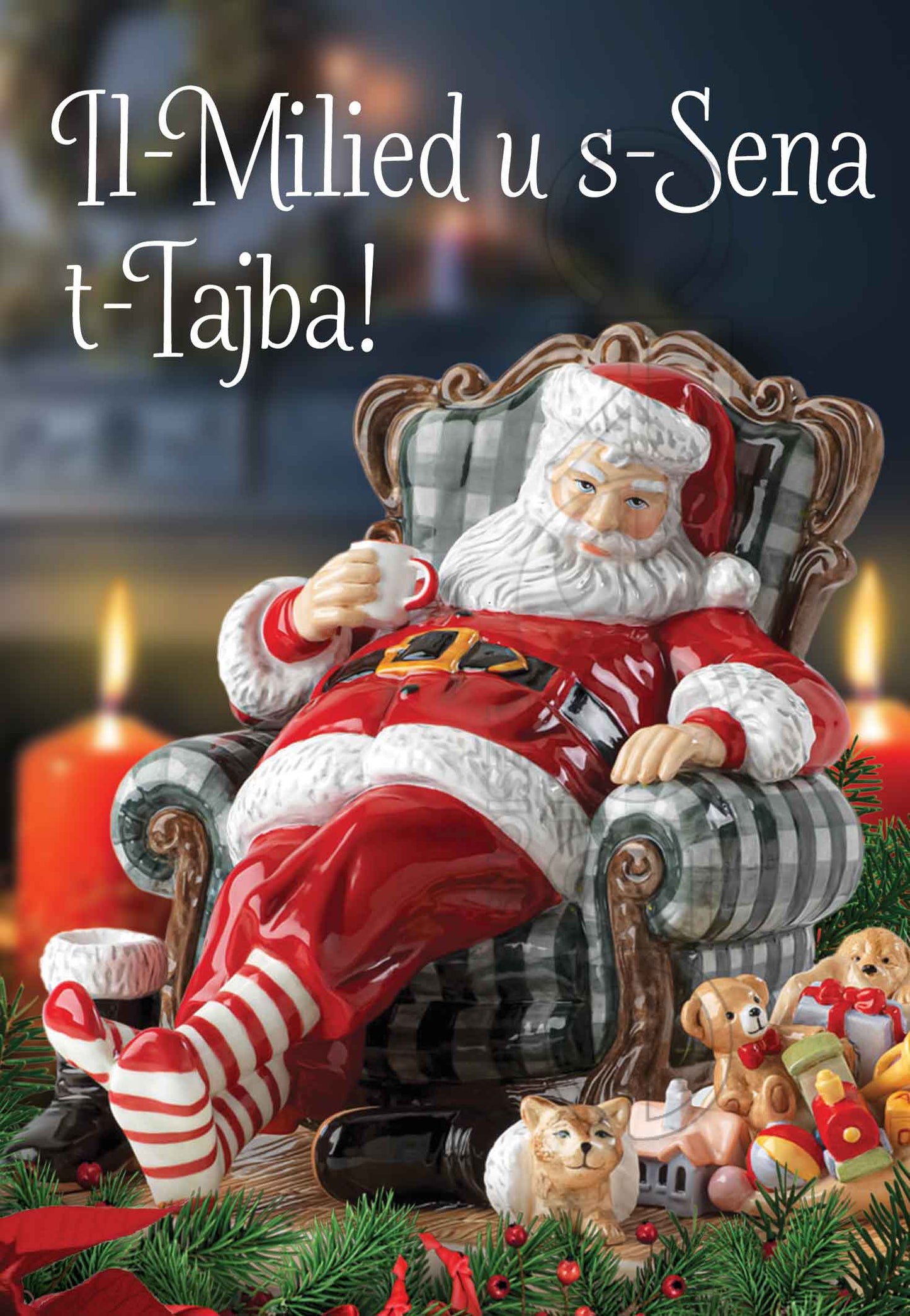 Kartolina tal-Milied b'Santa Klaws jistrieħ fuq pultuna