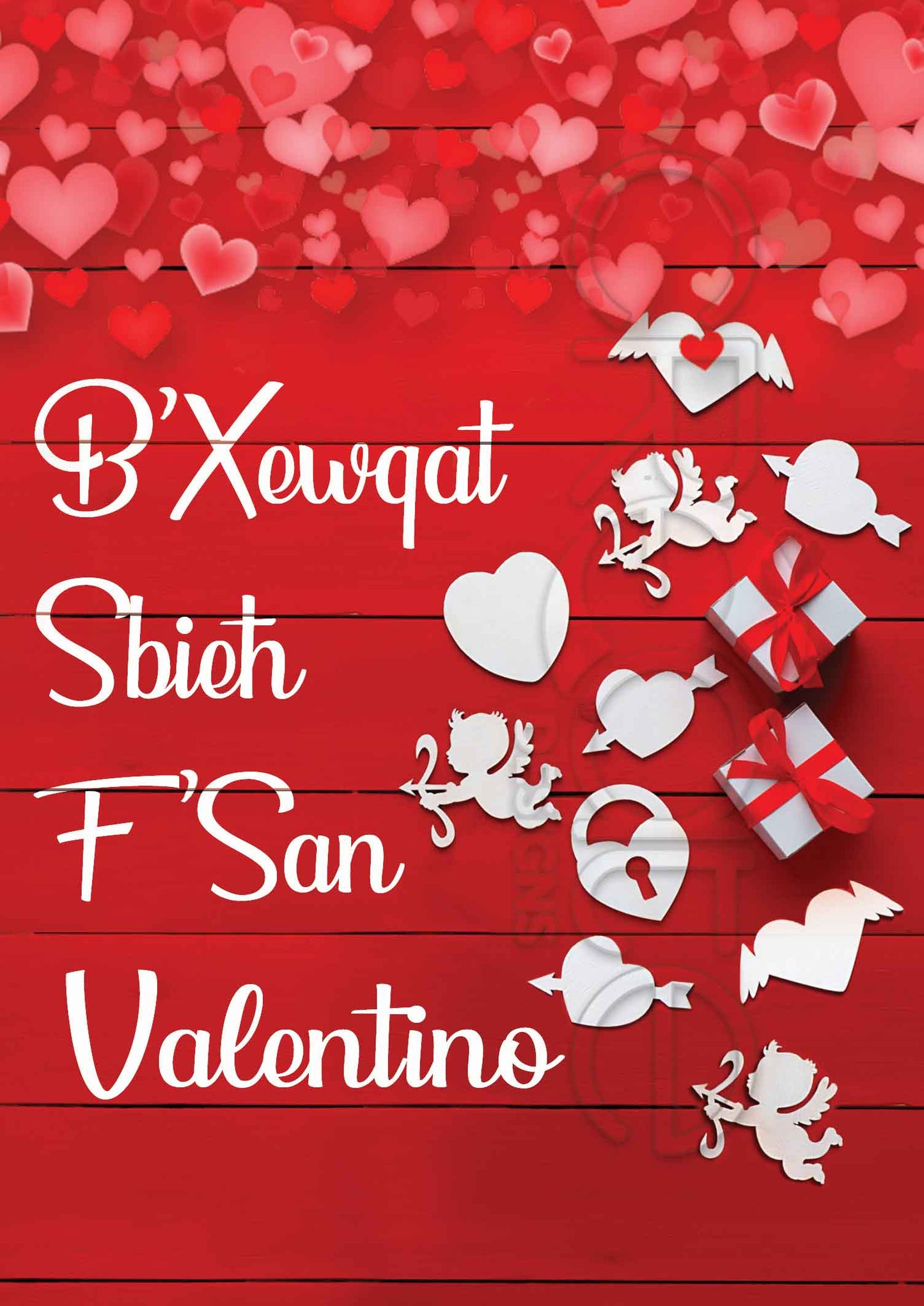 St.Valentine's Card (on a red colour wooden background)