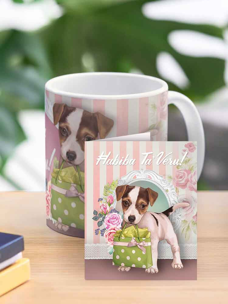 Mug for friend (female) (with a dog holds a basket)