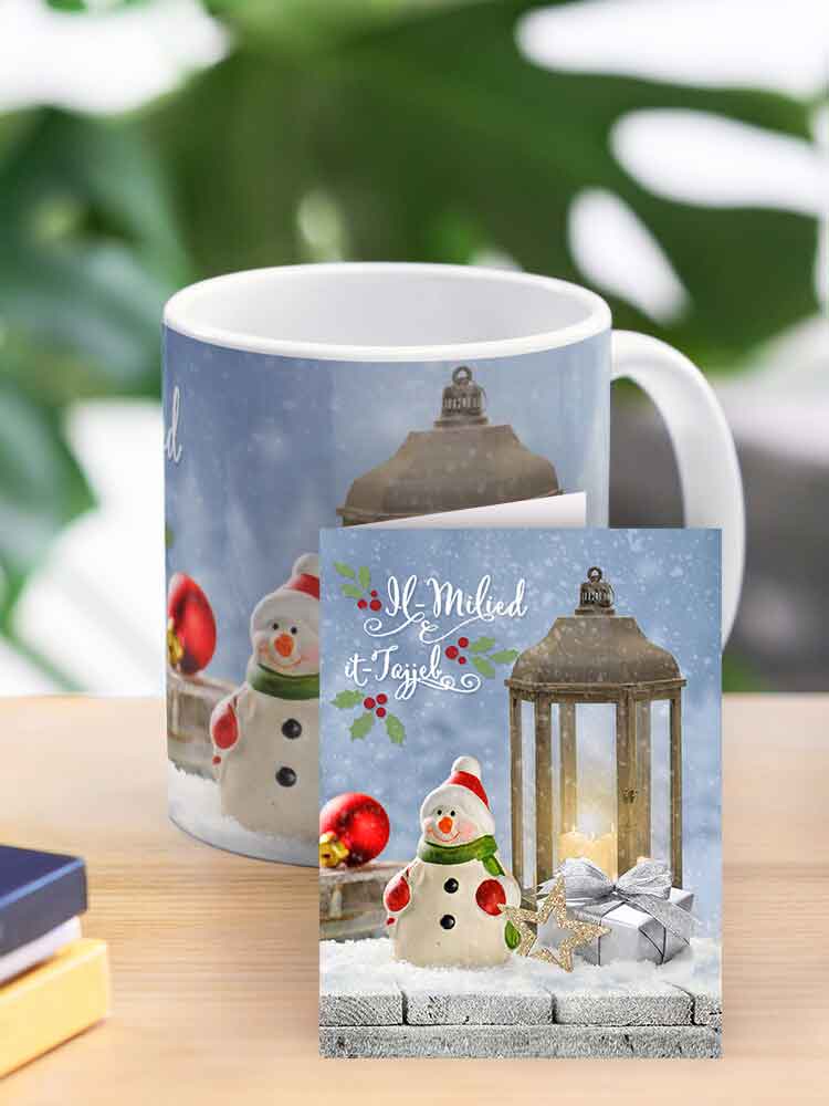 Christmas mug (with a snowman on a blue background)