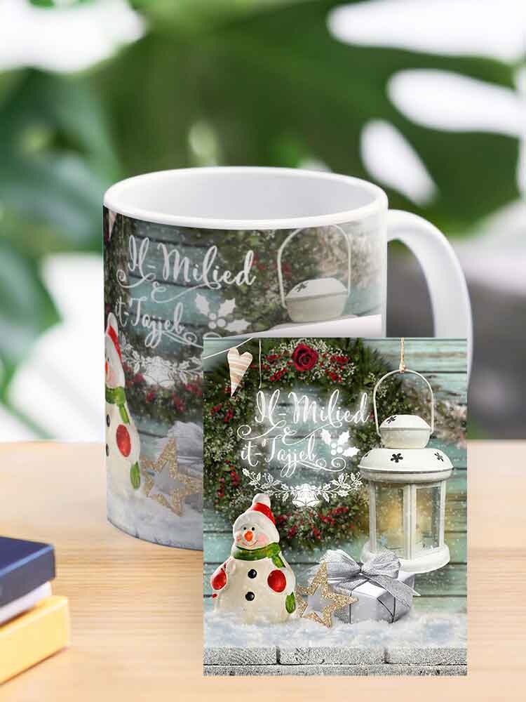 Christmas mug (with a snowman on a wooden background)
