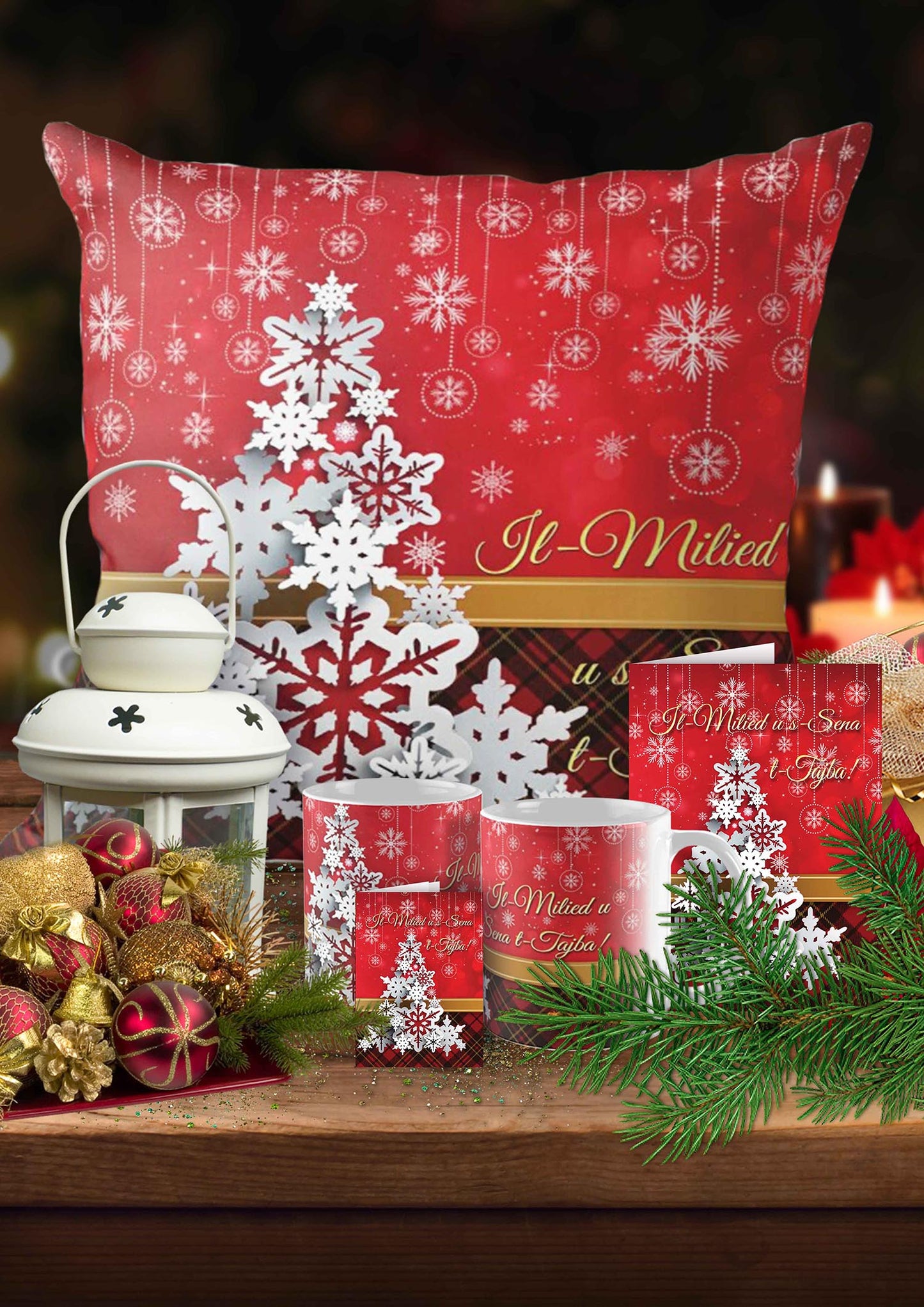 Complete set for Christmas (with a Christmas tree on a red background)