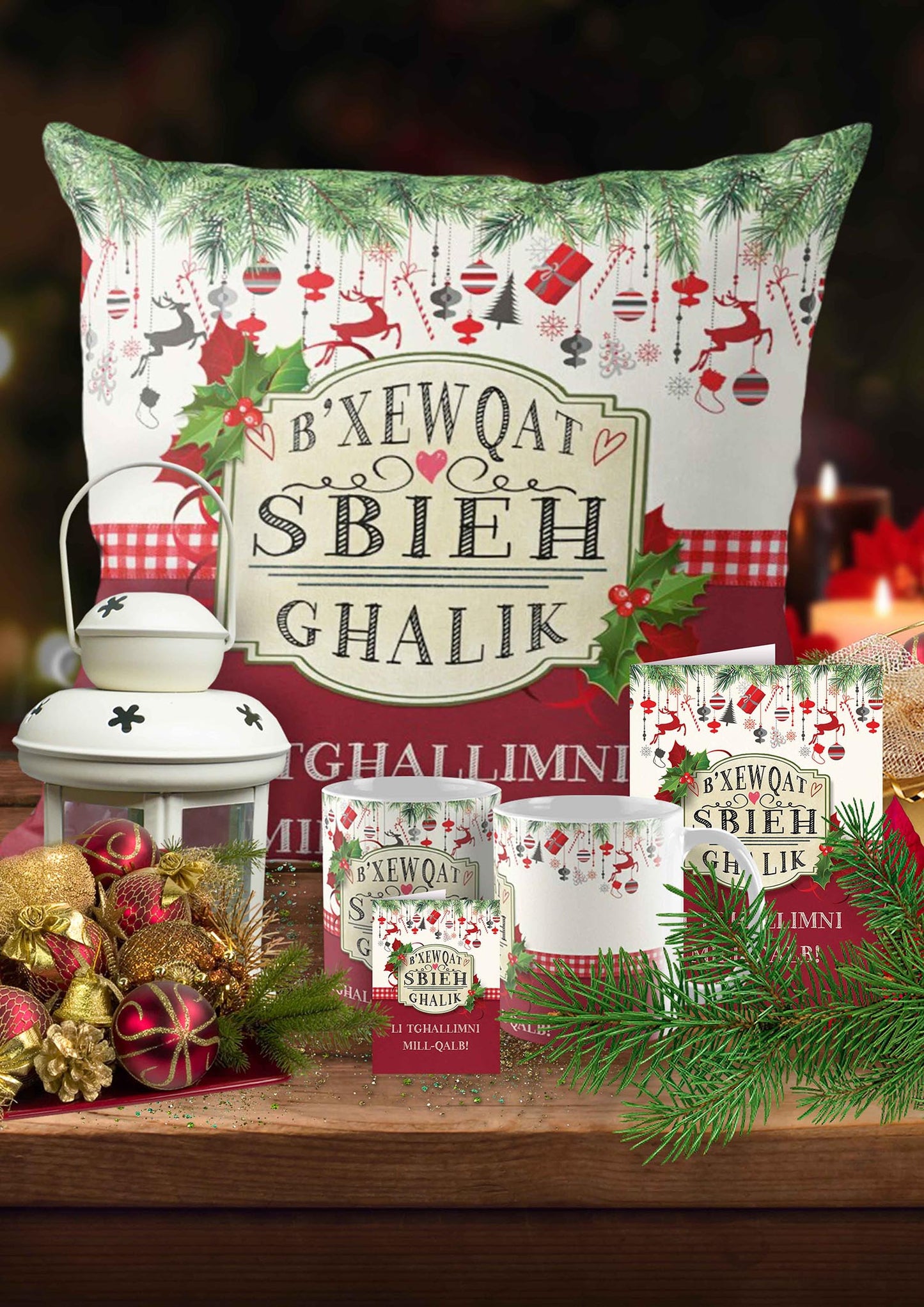 Sett Komplut għal-Milied għall-Għalliema fuq sfond aħmar bit-tiżjin (Cushion kbira)