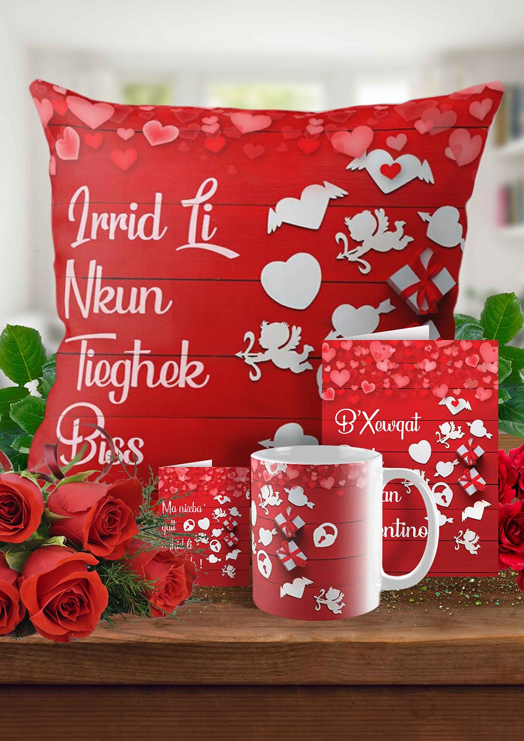 Complete set for St.Valentines (Red colour wooden background)