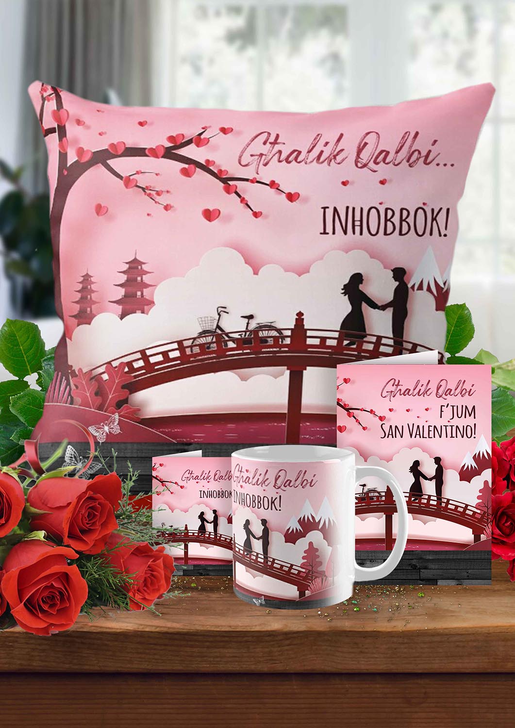 Complete set for St. Valentines (with a couple on a bridge)