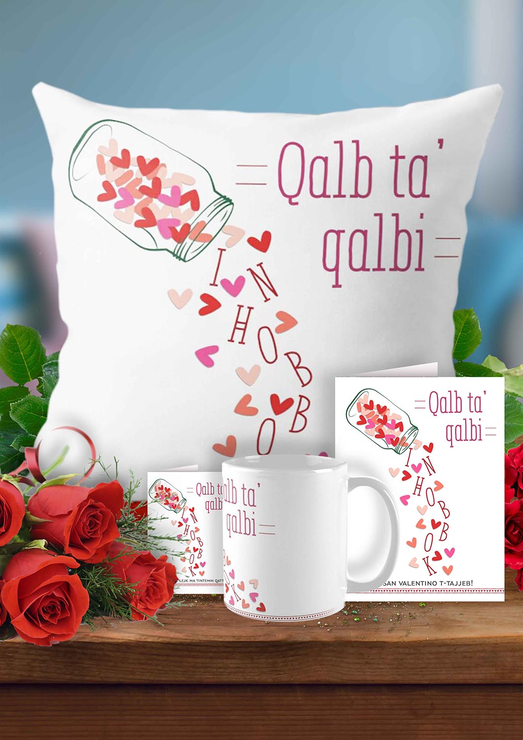 Complete set for St.Valentines (with a glass bottle and hearts)