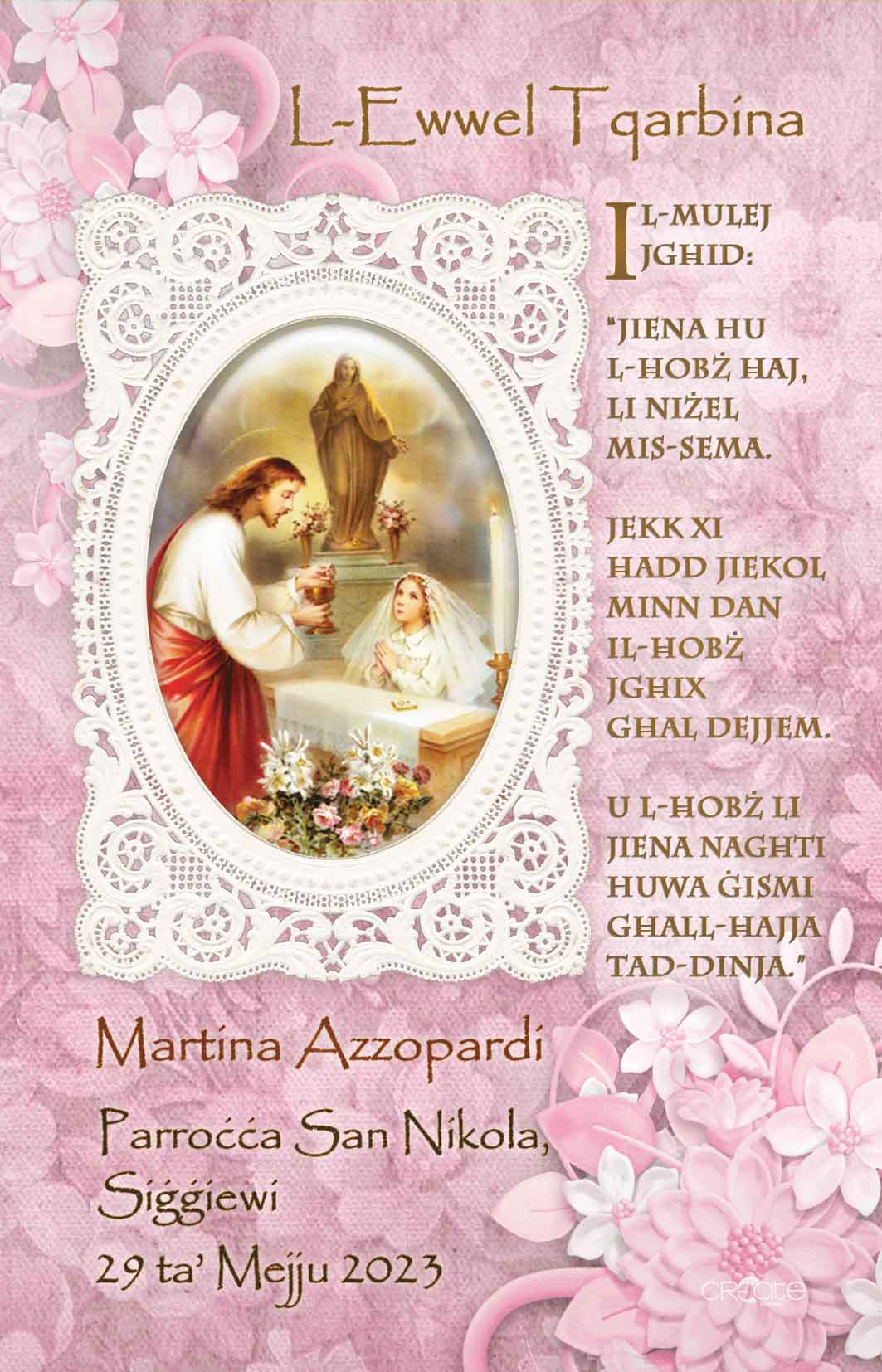 Holy Communion Commemorative Card (Santi) Design 1