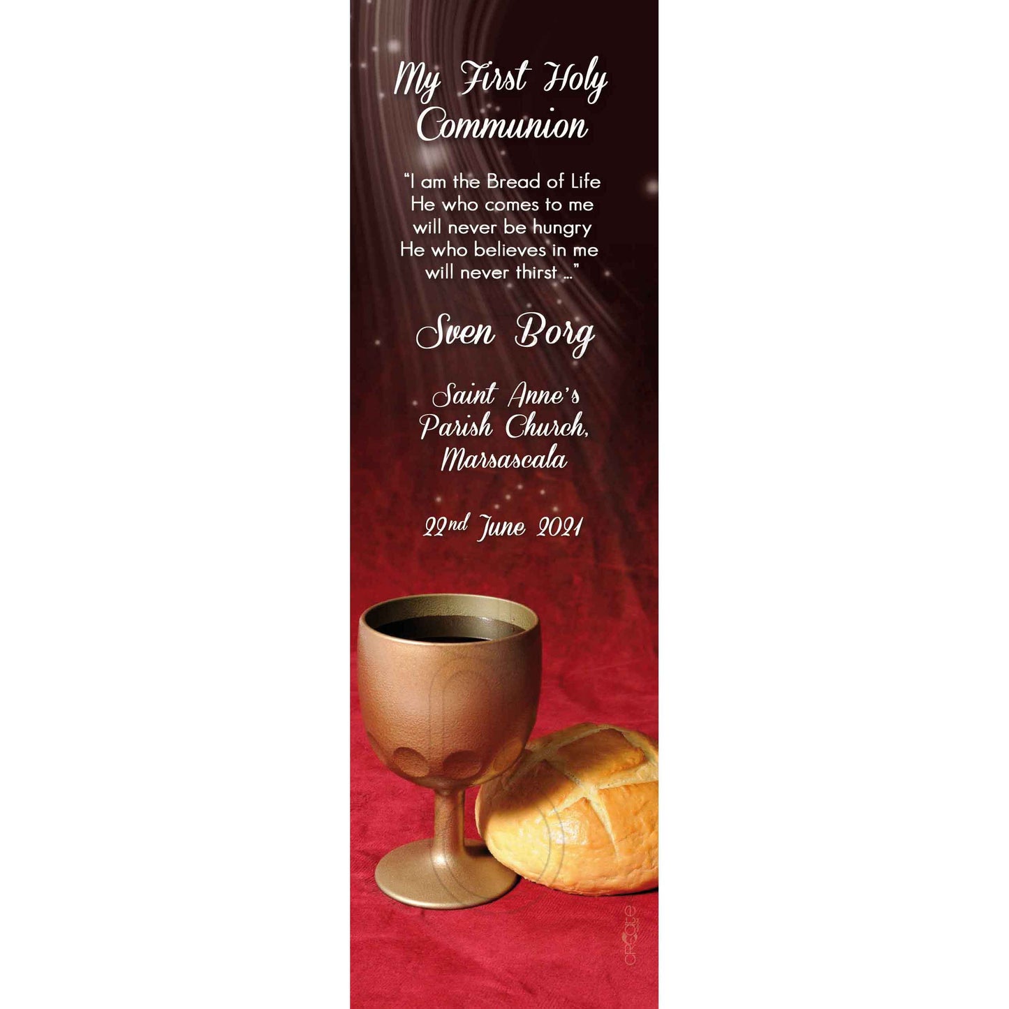 Holy Communion Bookmark with a picture of chalice and bread on a reddish background