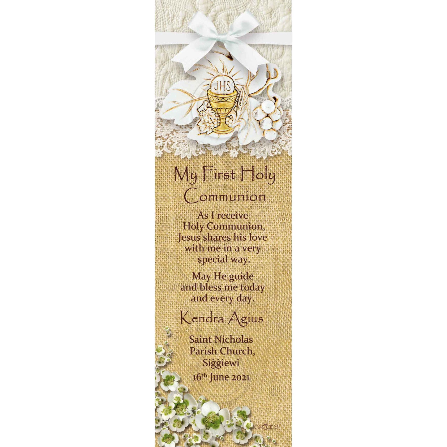 Holy Communion Bookmark with the symbols of the Eucharist on a burlap background