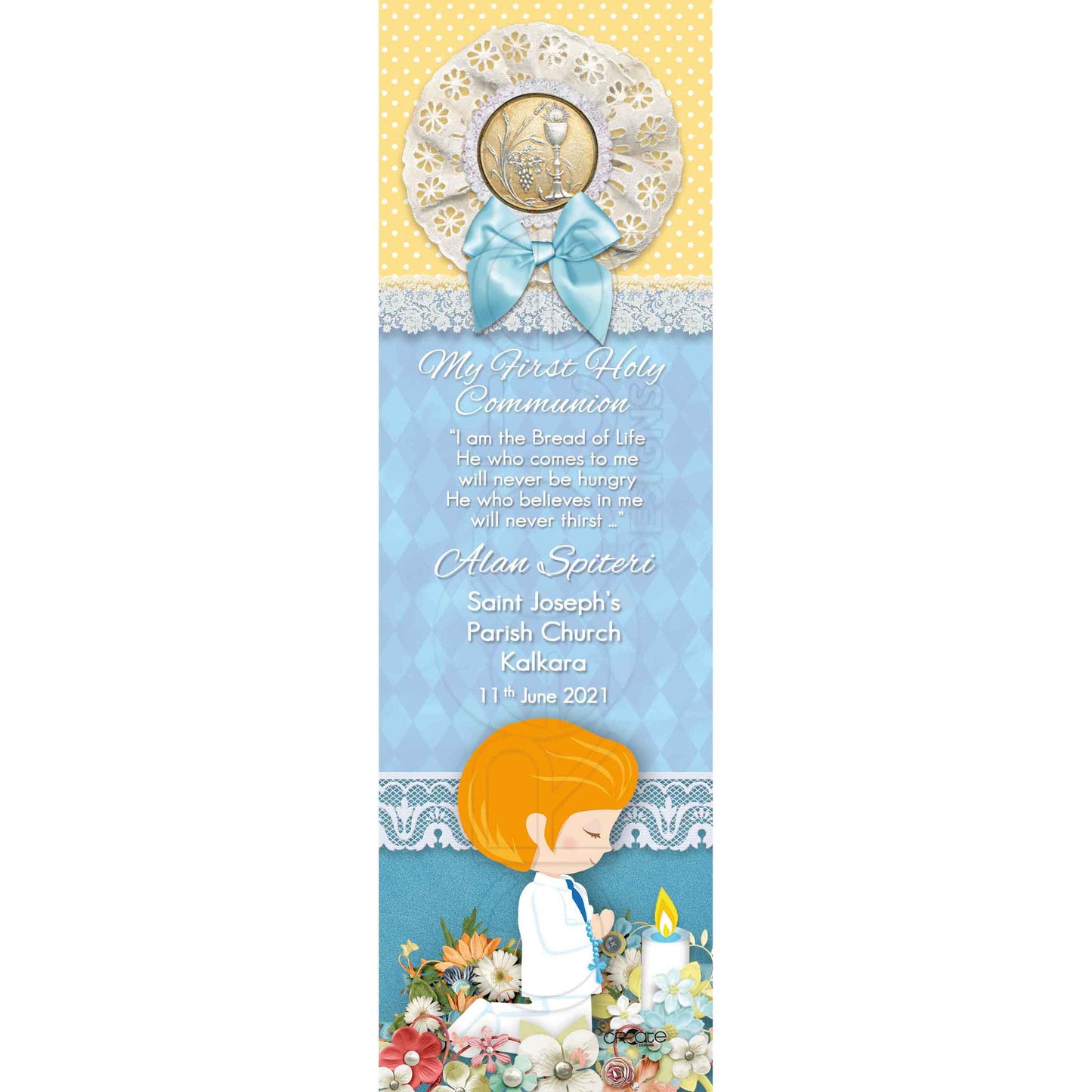 Holy Communion Bookmark with a drawing of a child