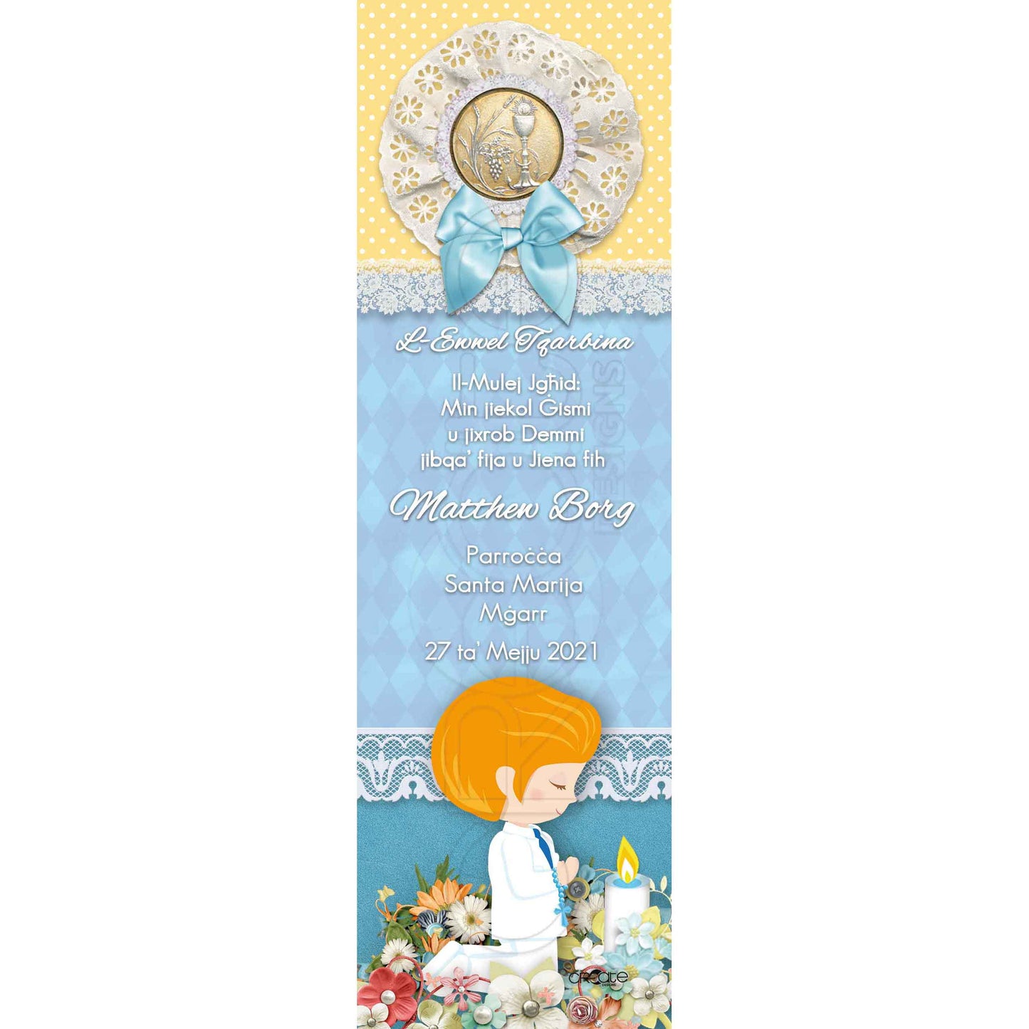 Holy Communion Bookmark with a drawing of a child