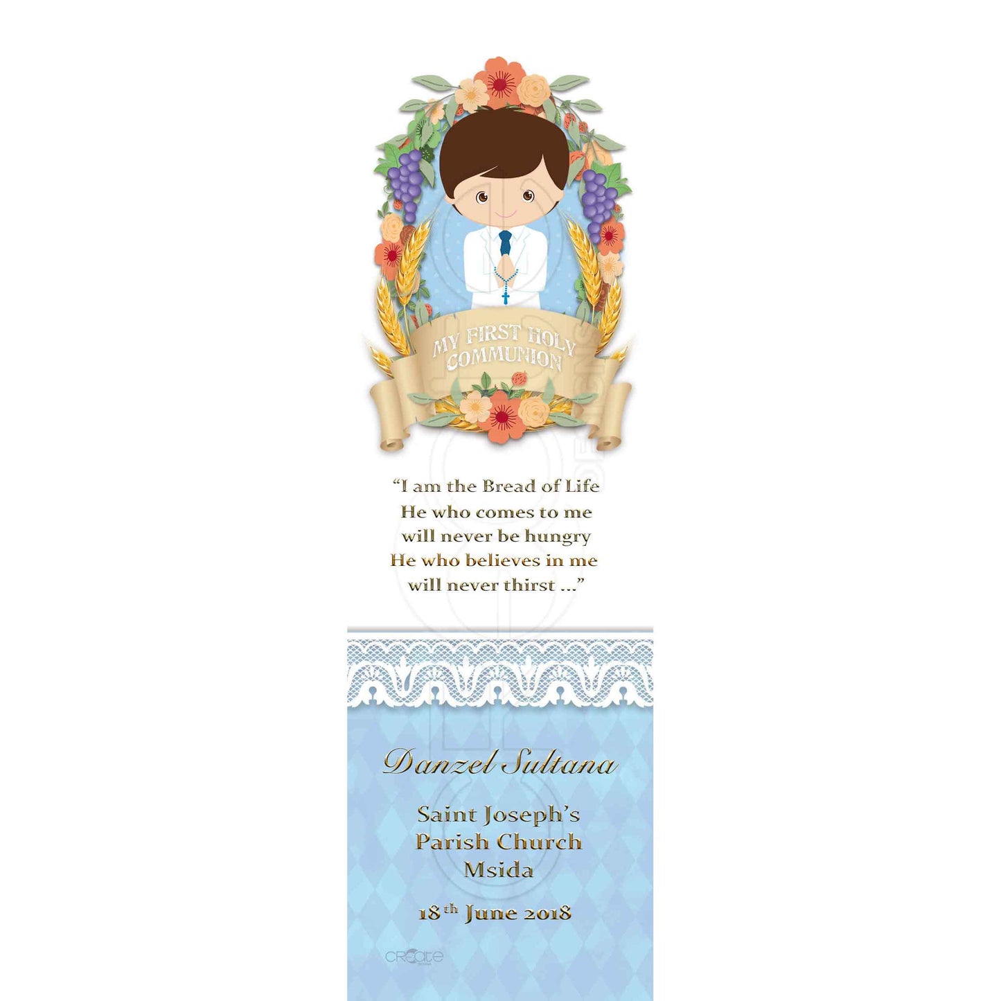 Holy Communion Bookmark with a drawing of a child with grapes and grains