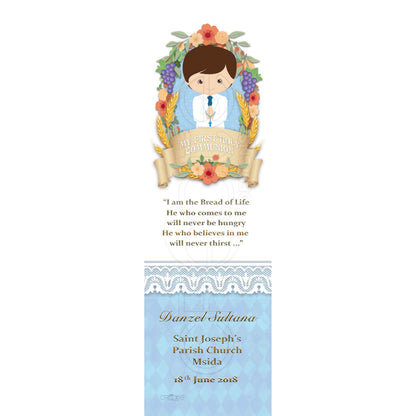 Holy Communion Bookmark with a drawing of a child with grapes and grains