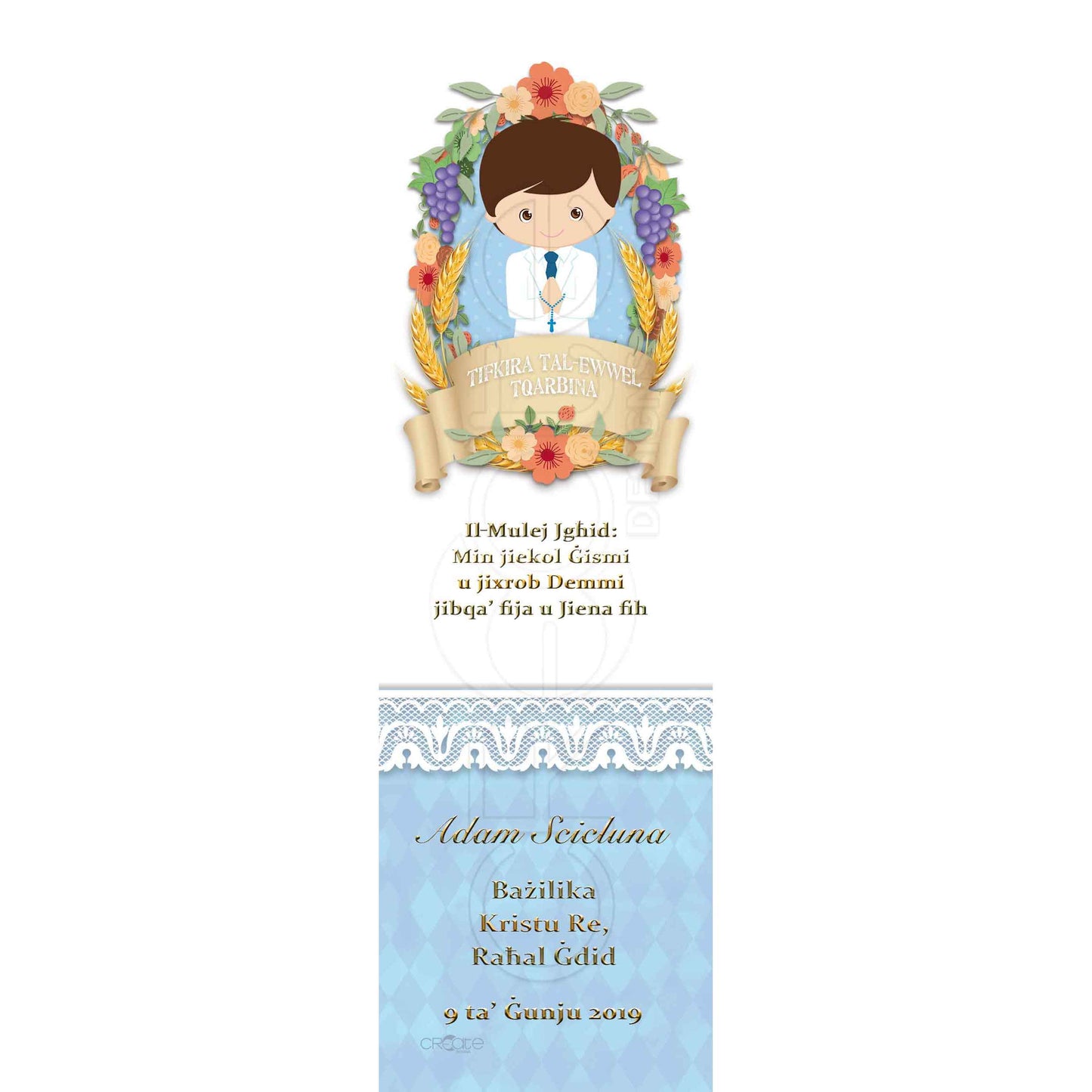 Holy Communion Bookmark with a drawing of a child with grapes and grains