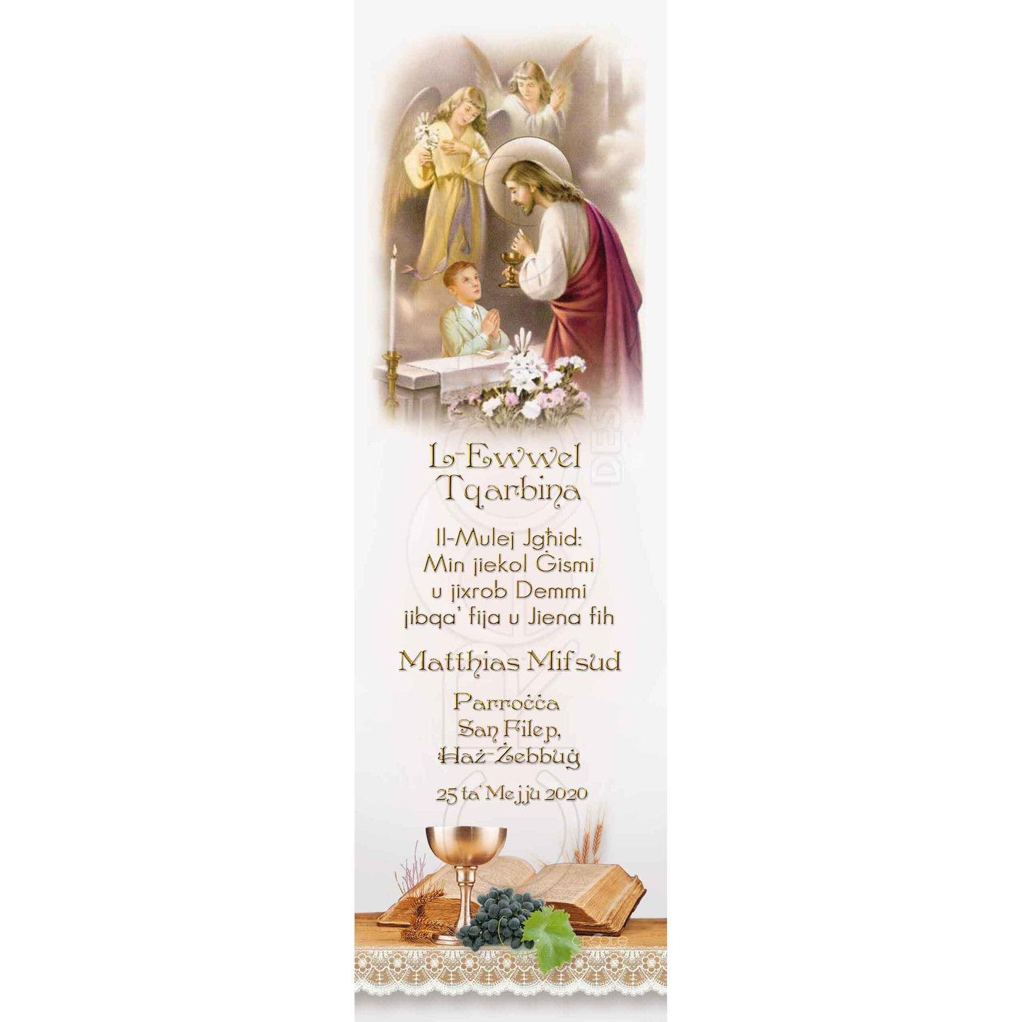 Holy Communion Bookmark with the image of Christ with two angels