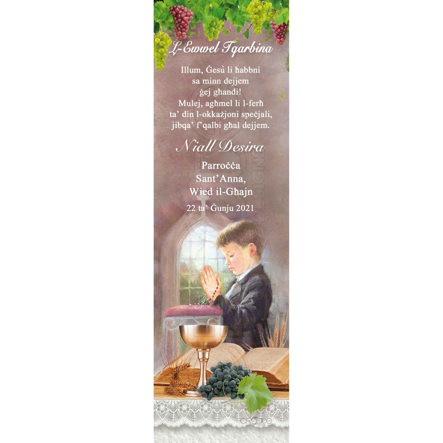 Holy Communion Bookmark with a drawing of a child with a chalice