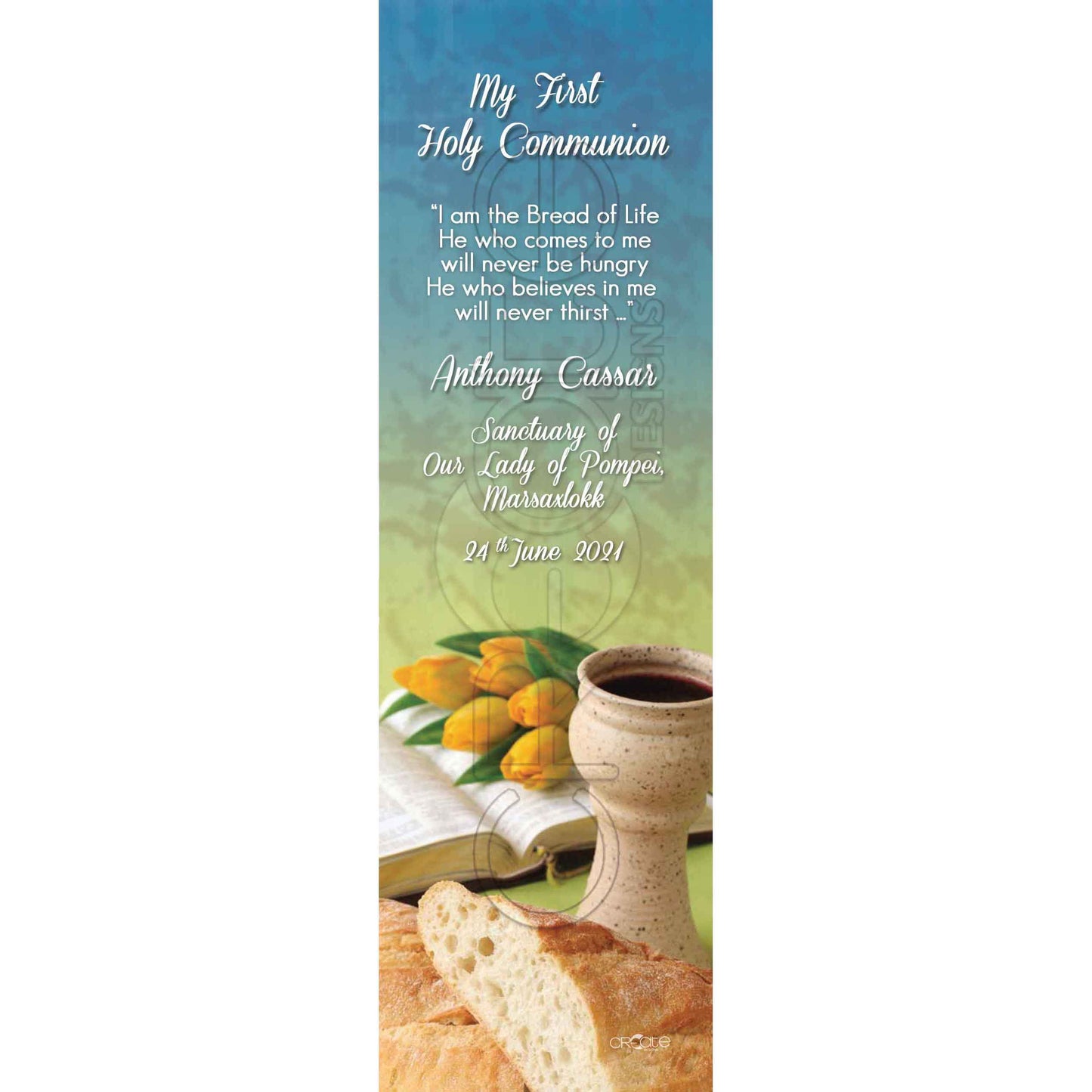 Holy Communion Bookmark with a picture of pottery and tulips