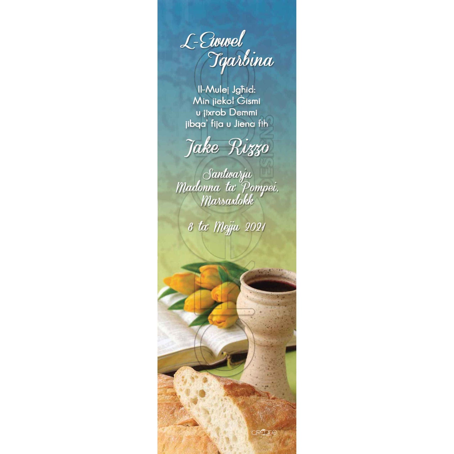 Holy Communion Bookmark with a picture of pottery and tulips