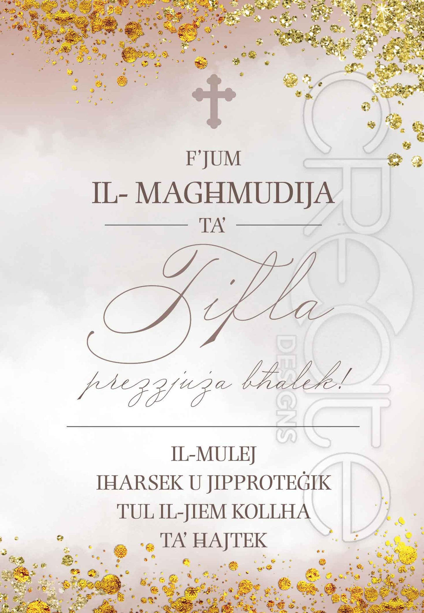 Kartolina tal-Magħmudija għall-Tifla fuq sfond ta' sema roża bid-deheb