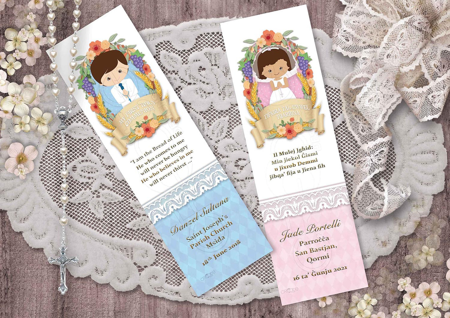 Holy Communion Bookmark with a drawing of a child with grapes and grains