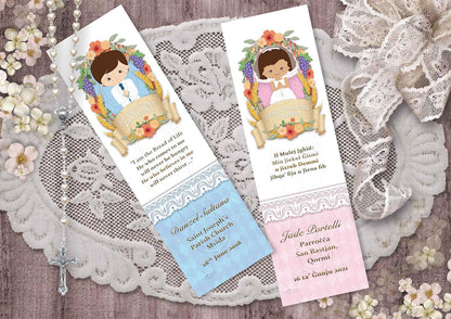 Holy Communion Bookmark with a drawing of a child with grapes and grains