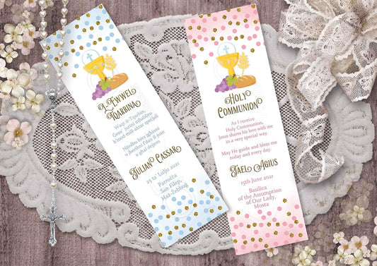 Holy Communion Bookmark with the symbols of the Eucharist with golden spots