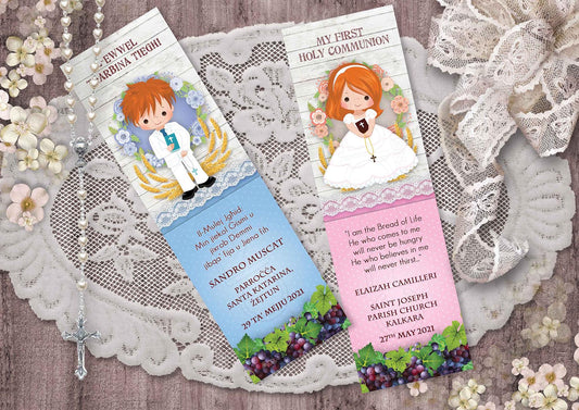 Holy Communion Bookmark with a drawing of a child surrounded by flowers