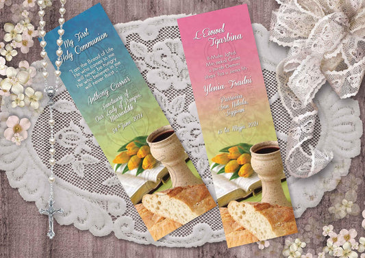 Holy Communion Bookmark with a picture of pottery and tulips