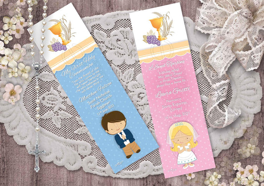 Holy Communion Bookmark with a drawing of a child of the precept and the symbols of the Eucharist