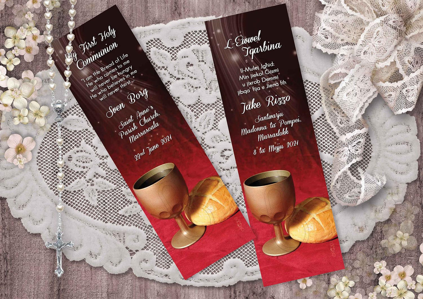 Holy Communion Bookmark with a picture of chalice and bread on a reddish background