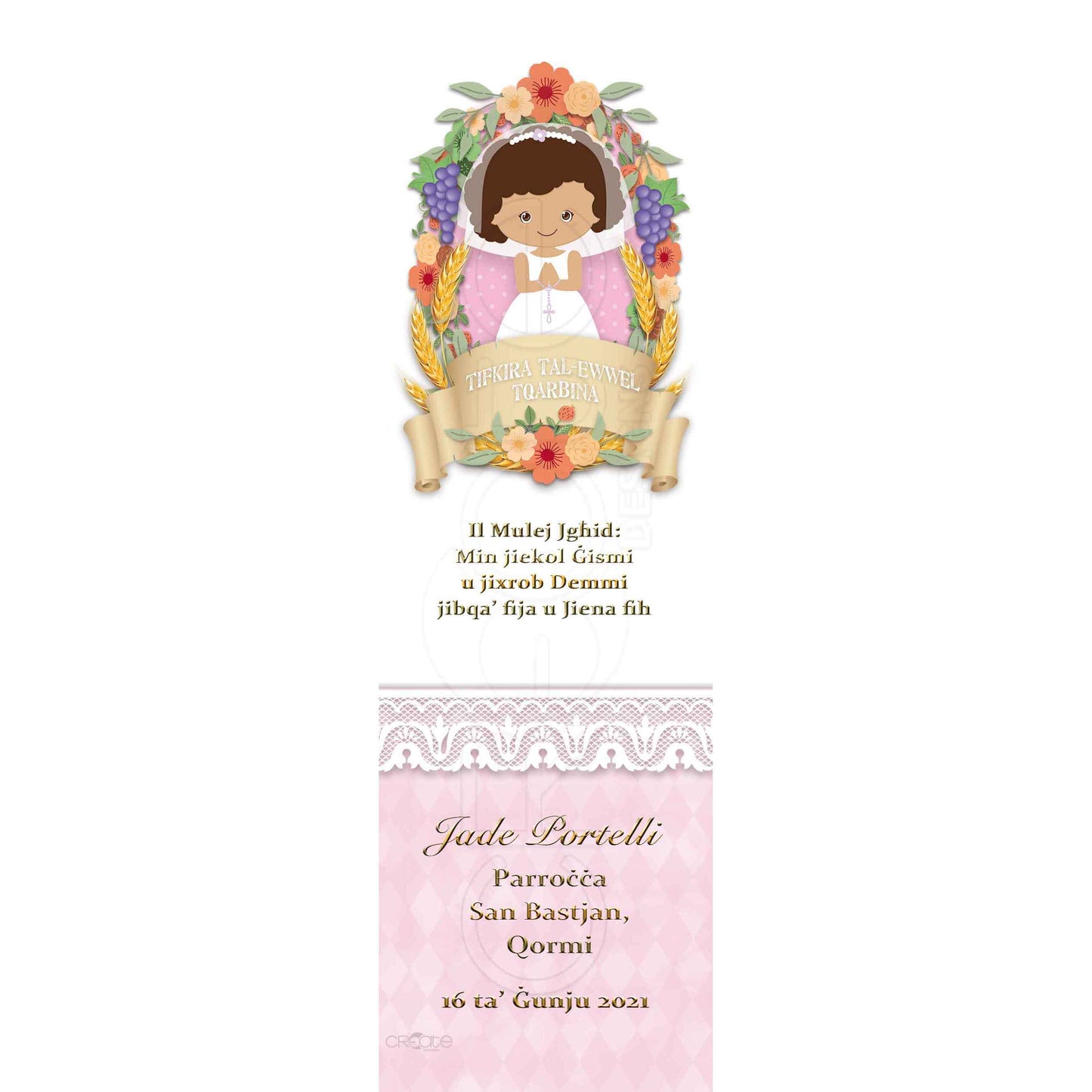 Holy Communion Bookmark with a drawing of a child with grapes and grains