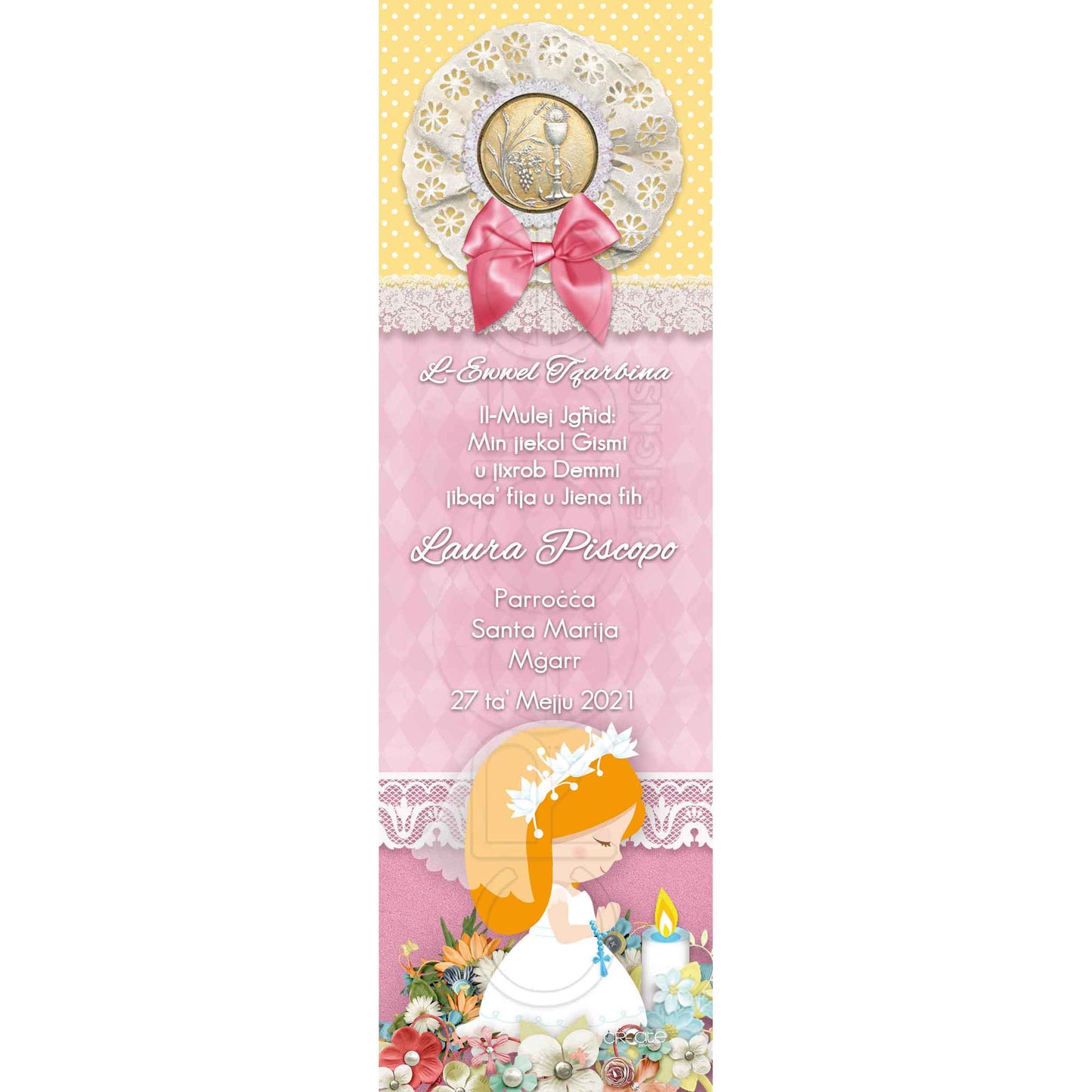Holy Communion Bookmark with a drawing of a child