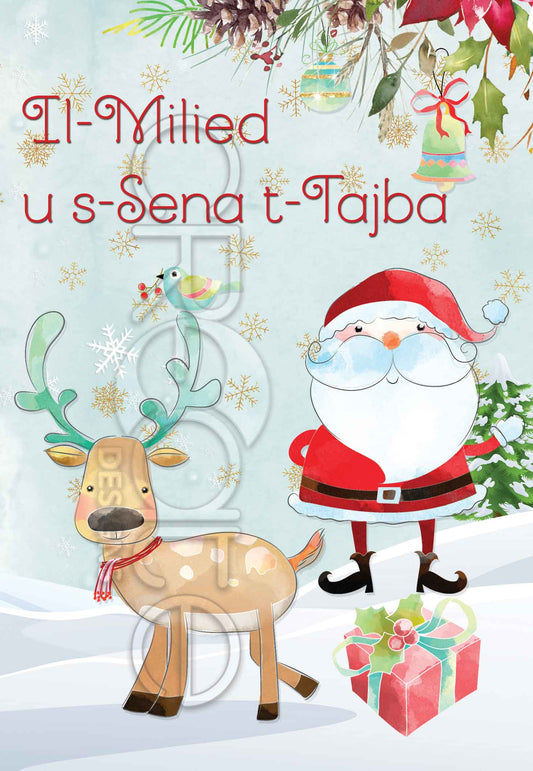 Kartolina tal-Milied ghat-tfal b'Santa Klaws u Ċerva