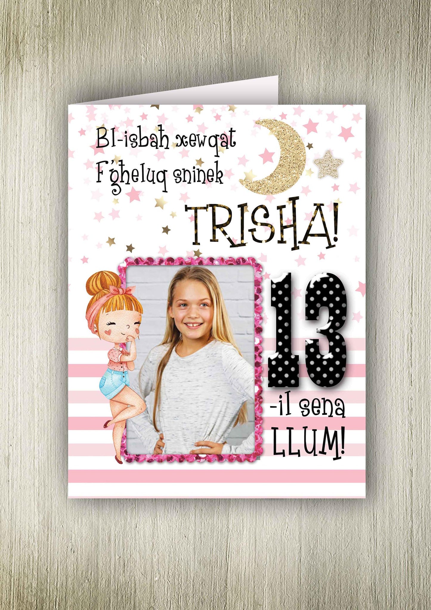 Personalised card for a girl (with pink lines with stars)