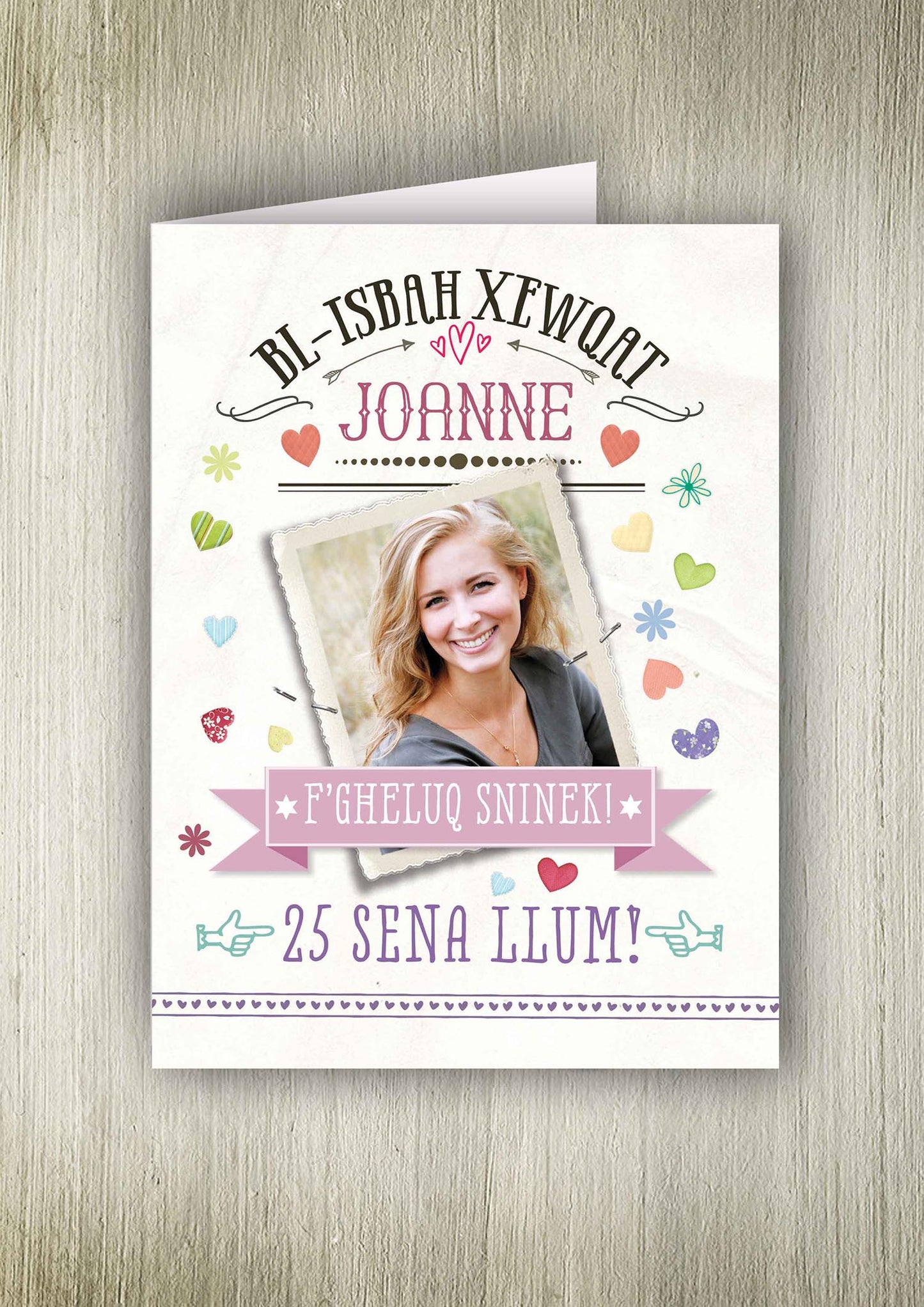 Personalised card for a girl (background with hearts and flowers)