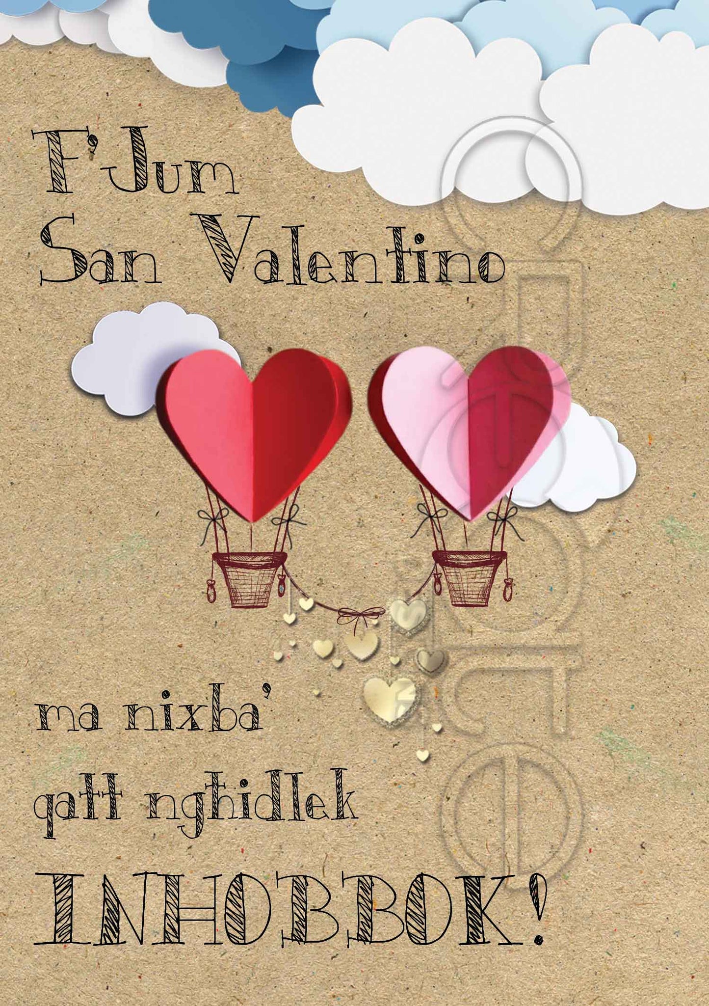 Kartolina għal San Valentino fuq sfond tal-kartun bil-qlub jittajjru