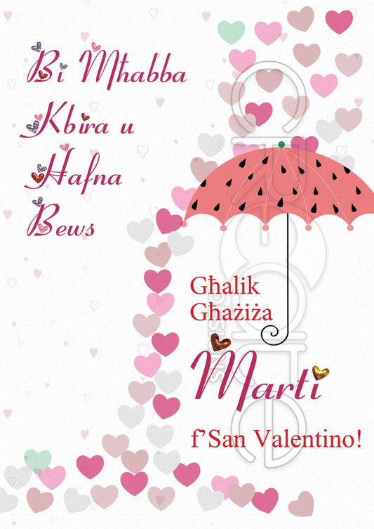 Kartolina għal San Valentino bl-umbrella u xita ta' qlub  (Marti)