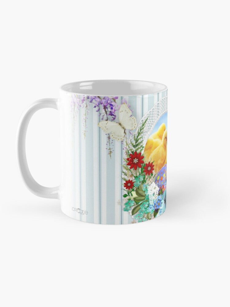Mug tal-Għid fuq sfond bir-rigi u bil-flieles,fjuri u bajd tal-Għid